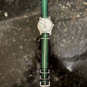 Men’s or Women’s Green and Blue Striped Watch with Silver Case